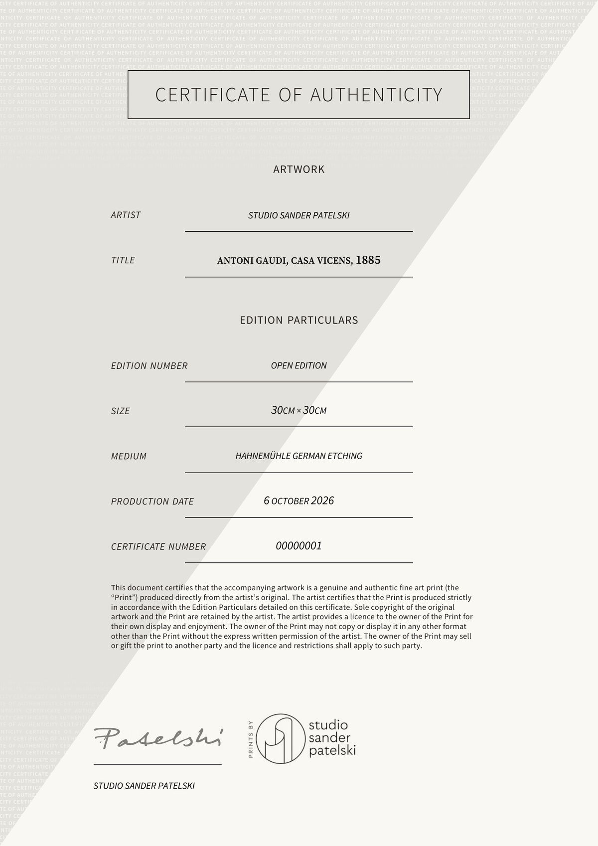 Antoni Gaudi, Casa Vicens, 1885 — Certificate of Authenticity